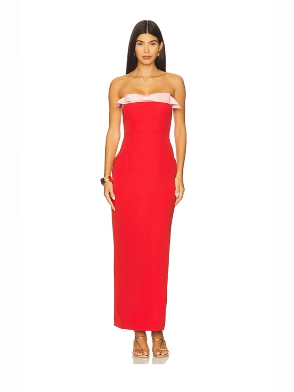 Strapless Red Column Dress with Pink Ruffle Trim